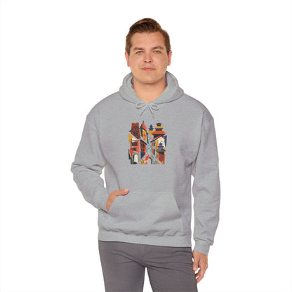 Cityscape Collage Hoodie — Colorful Urban Architecture Graphic Hoodie