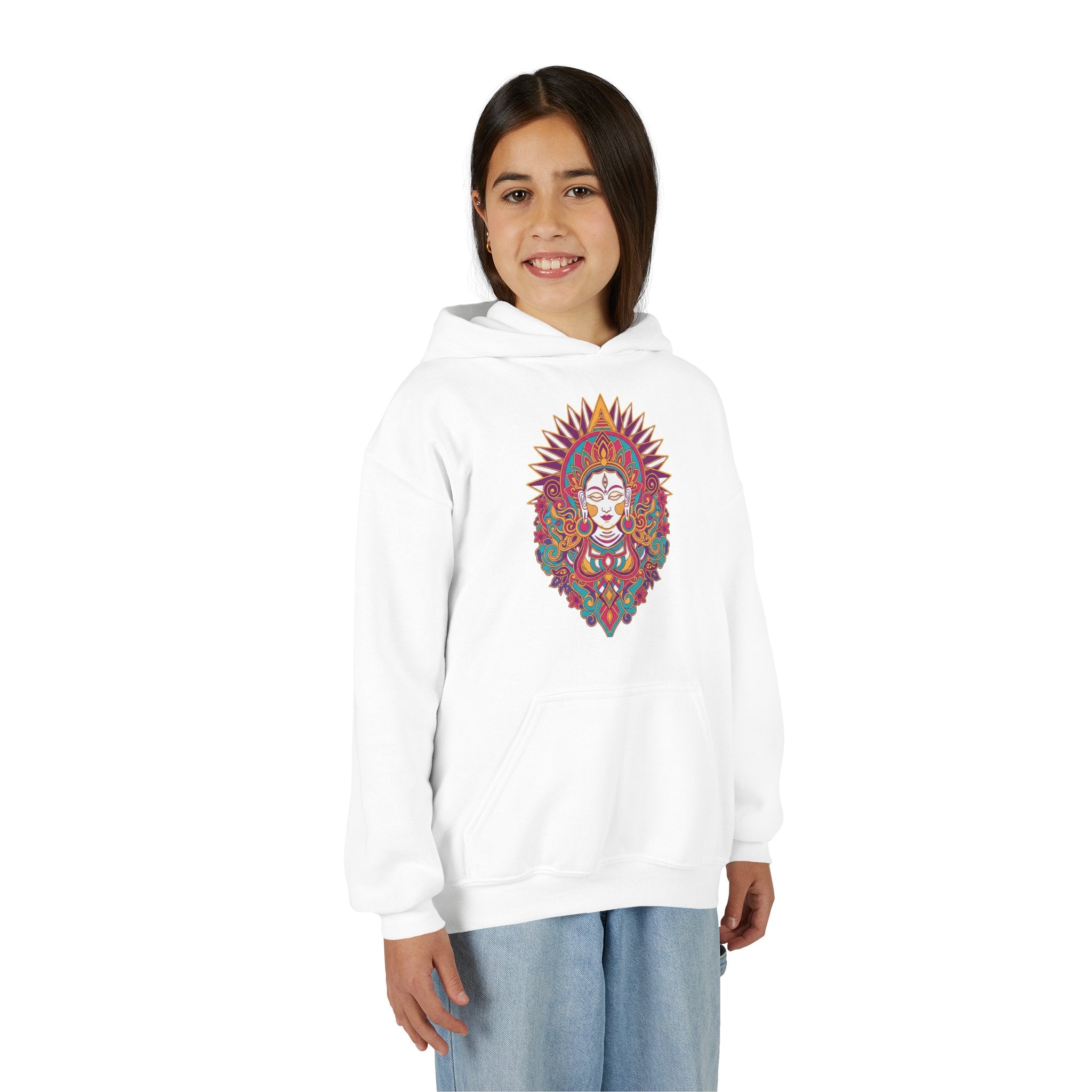 Youth Hoodie with Colorful Sugar Skull Goddess Design — Day of the Dead Kids Pullover