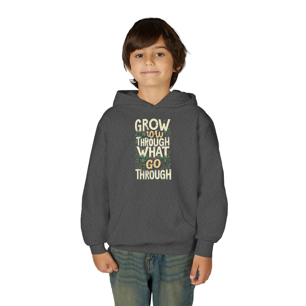 Youth Hoodie — 'Grow Slow, Go Through' Floral Motivational Hooded Sweatshirt