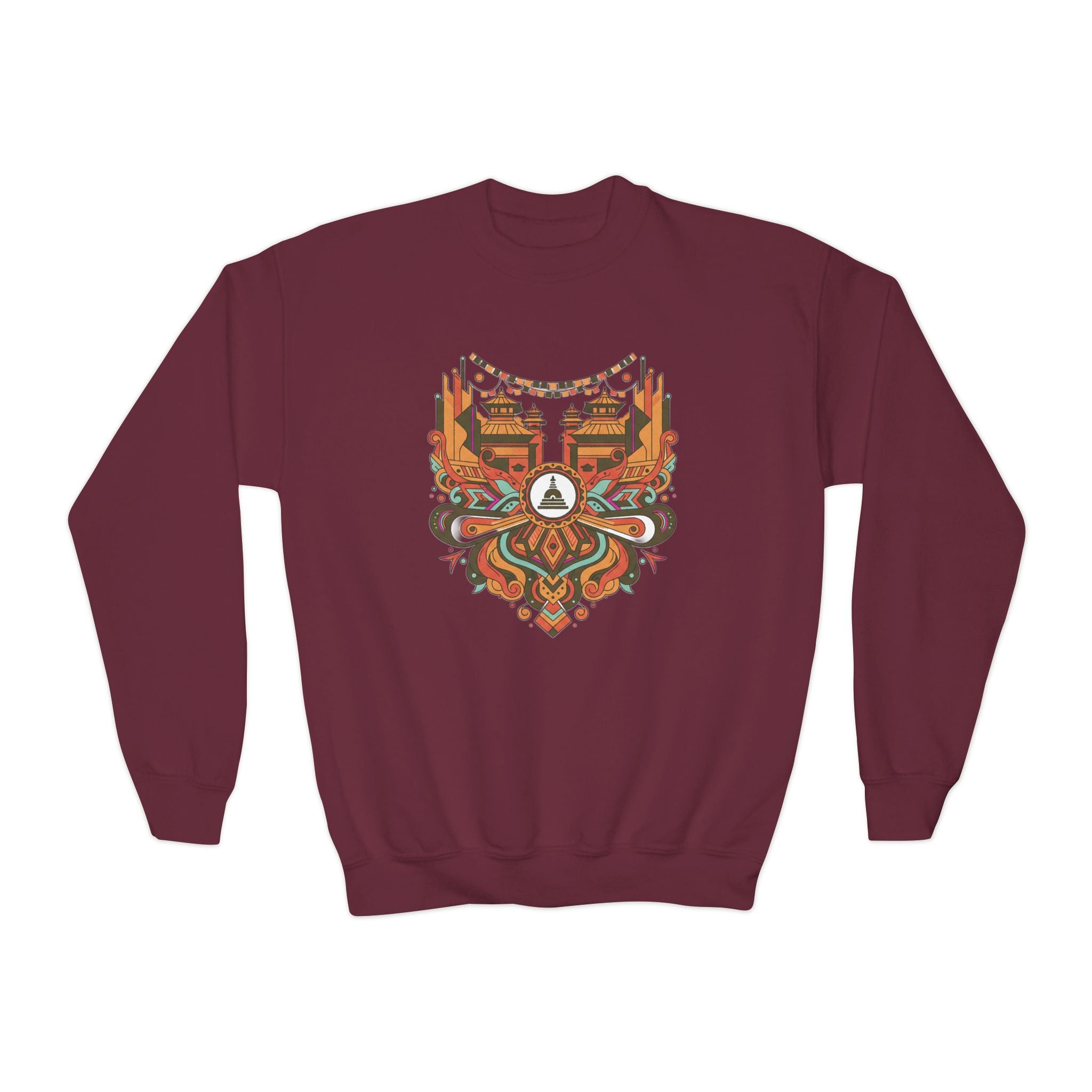 Youth Crewneck Sweatshirt — Retro Boho Fox Mask Graphic (Autumn Colors)
