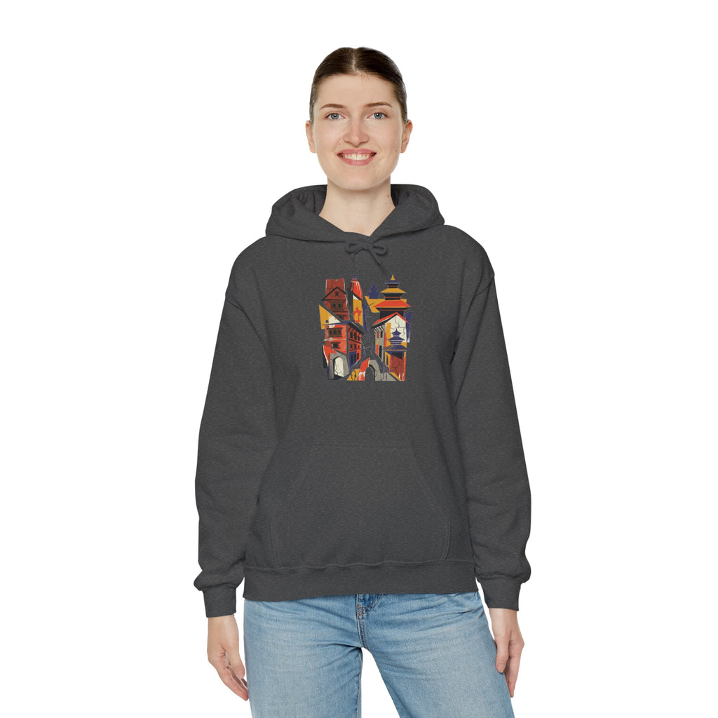 Cityscape Collage Hoodie — Colorful Urban Architecture Graphic Hoodie