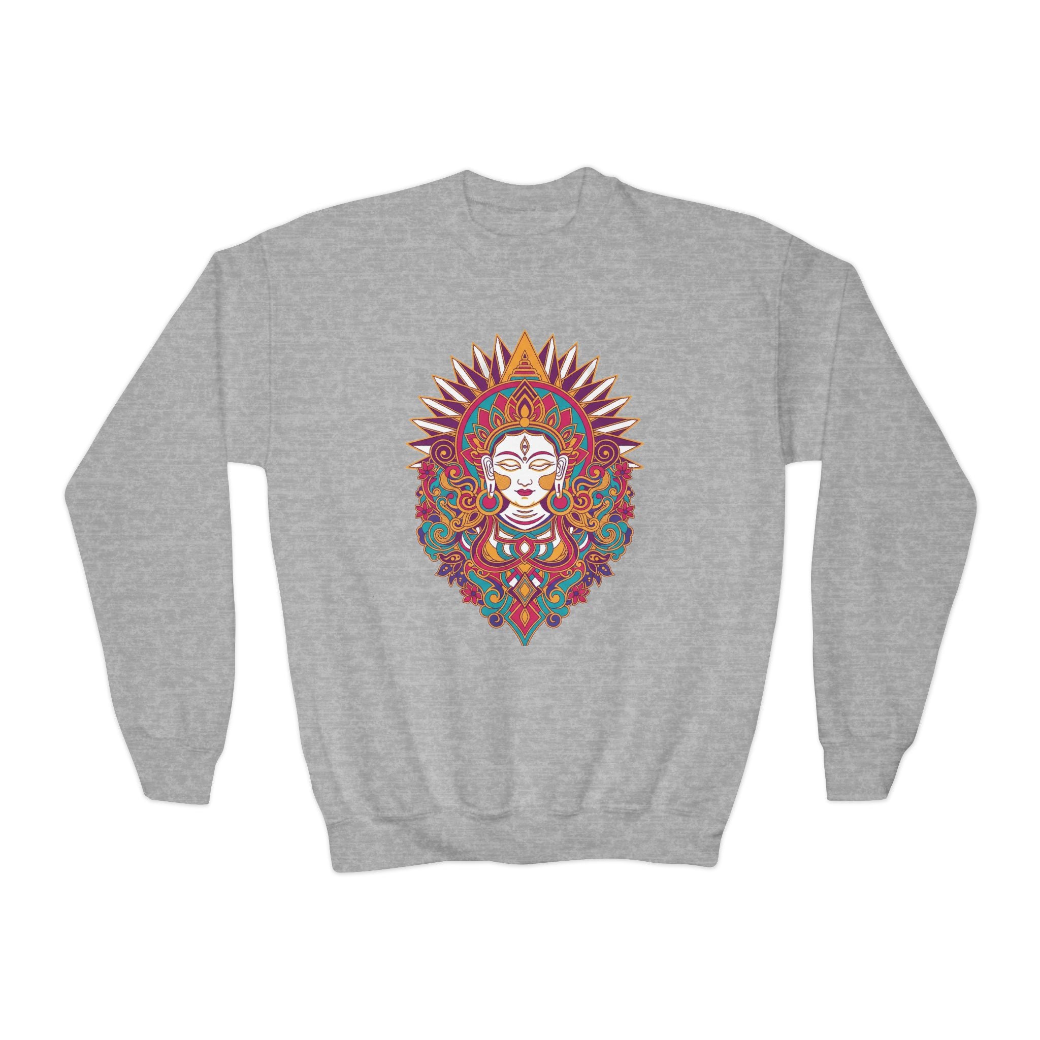 Youth Crewneck Sweatshirt — Colorful Boho Sun Goddess Graphic
