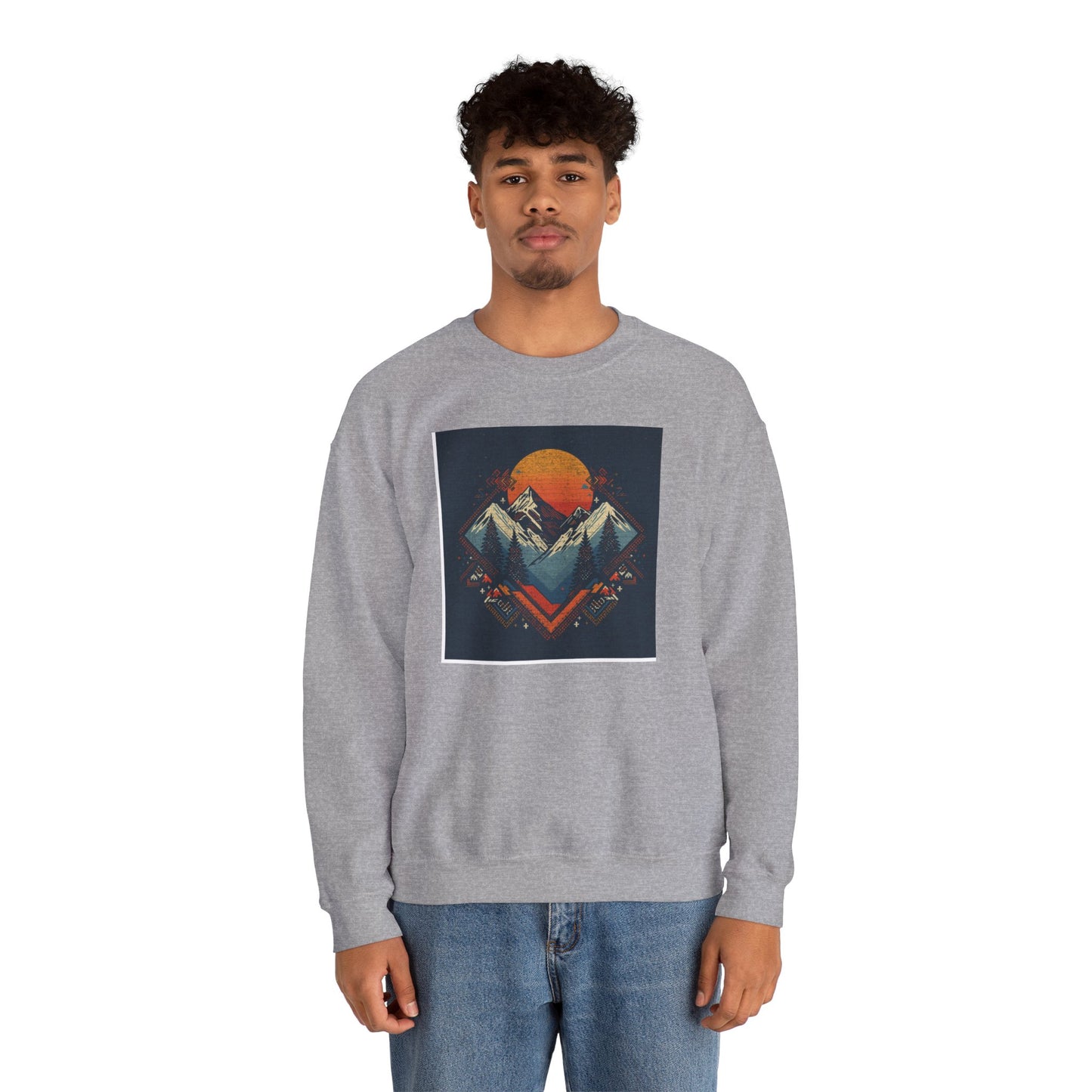 Mountain Sunset Crewneck Sweatshirt — Retro Geometric Peaks Graphic