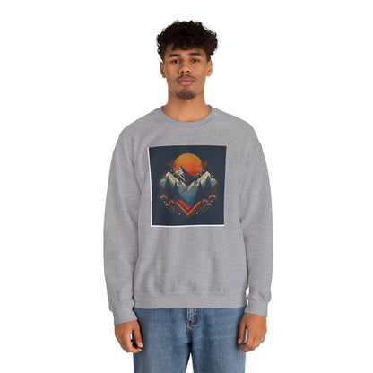 Mountain Sunset Crewneck Sweatshirt — Retro Geometric Peaks Graphic