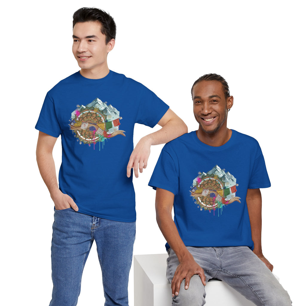Adventure Compass Graphic Tee — Mountain, Globe & Flag Illustration