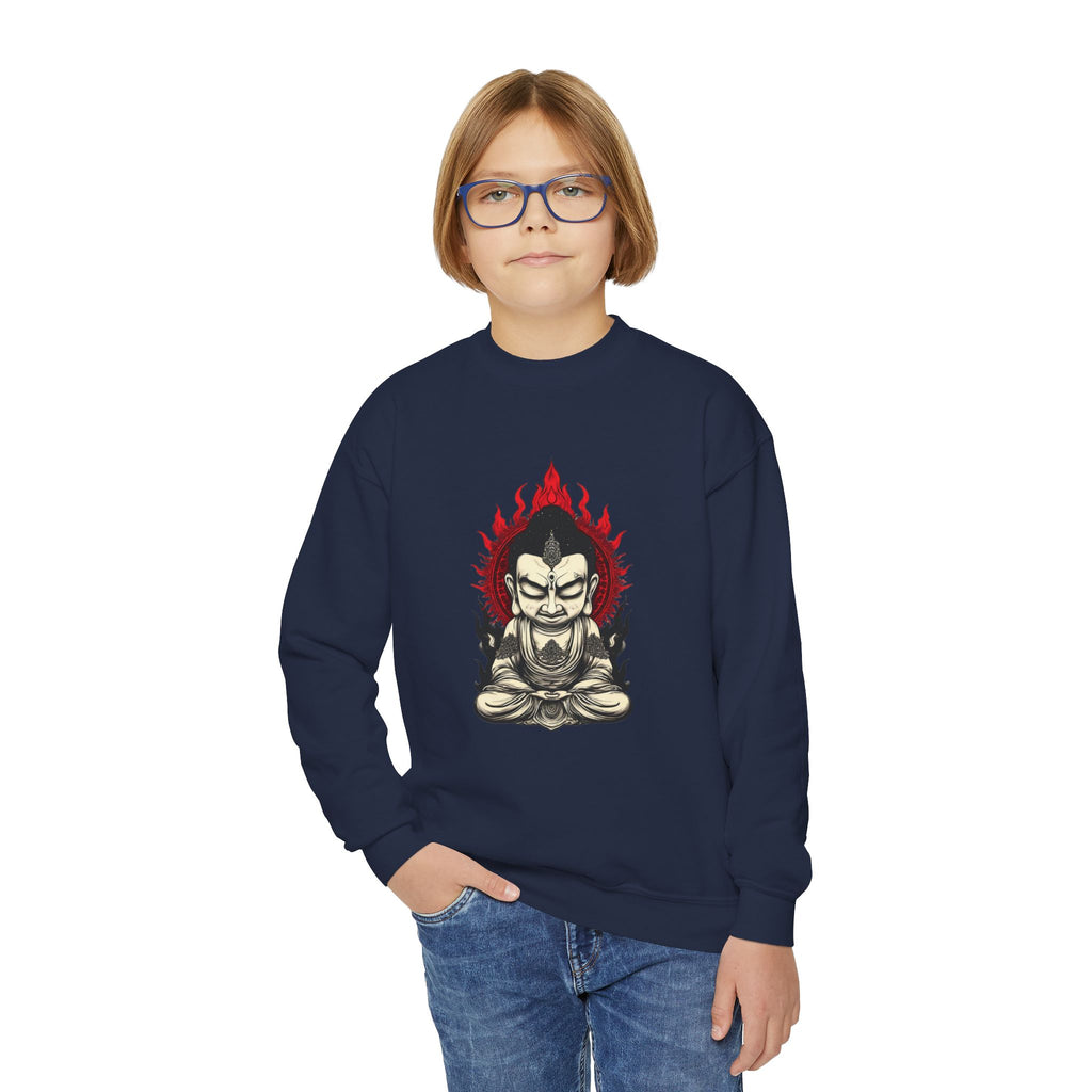 Flaming Meditating Buddha Youth Crewneck Sweatshirt — Zen Graphic Sweater for Kids