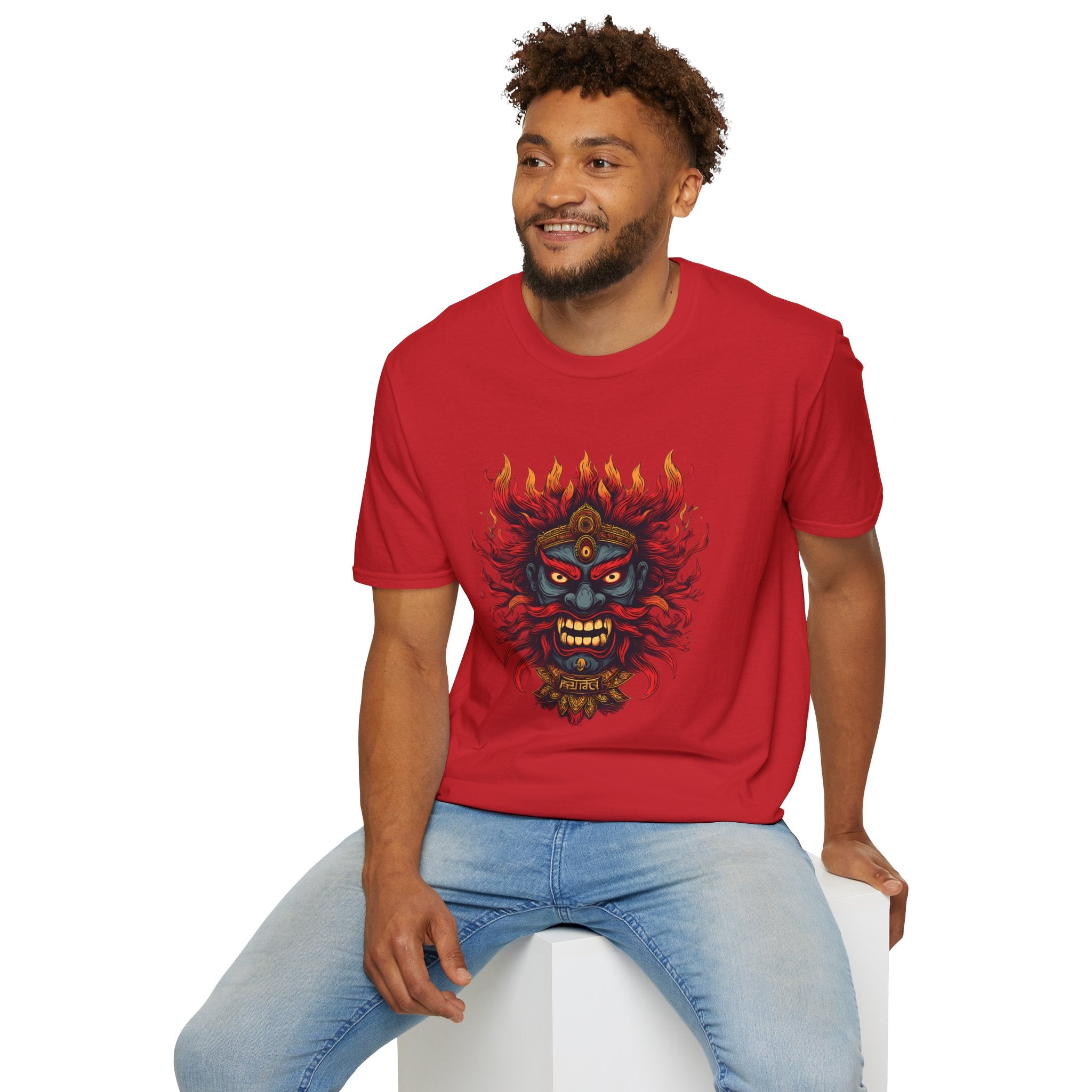 Flaming Demon Mask T-Shirt — Fierce Tattoo-Style Graphic Tee