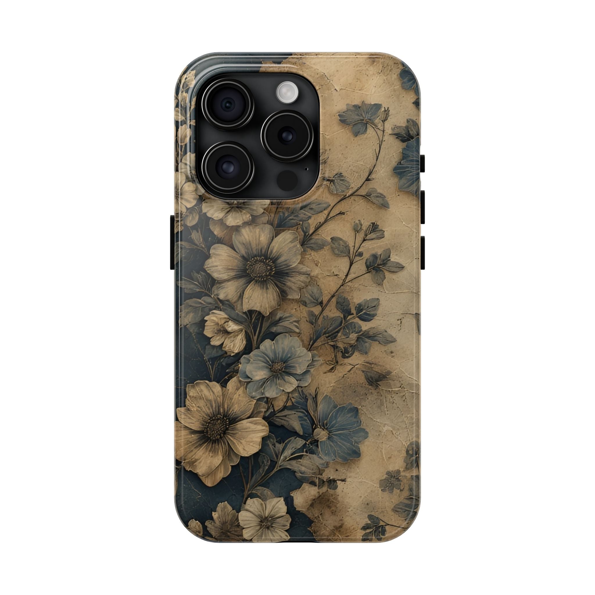 Vintage Floral Tough Phone Case — Antique Beige & Navy Protective Cover