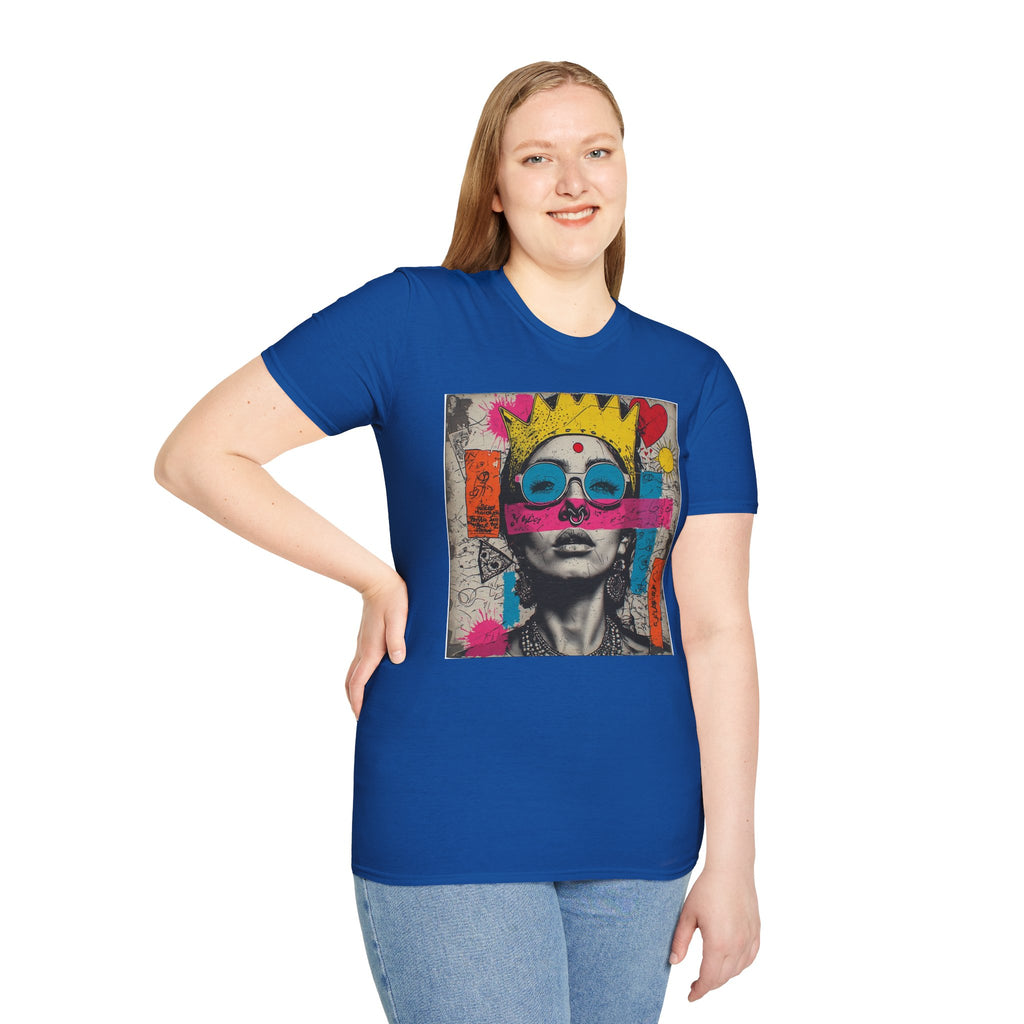 Abstract Pop Art Portrait T-Shirt — Neon Crown & Sunglasses Graphic