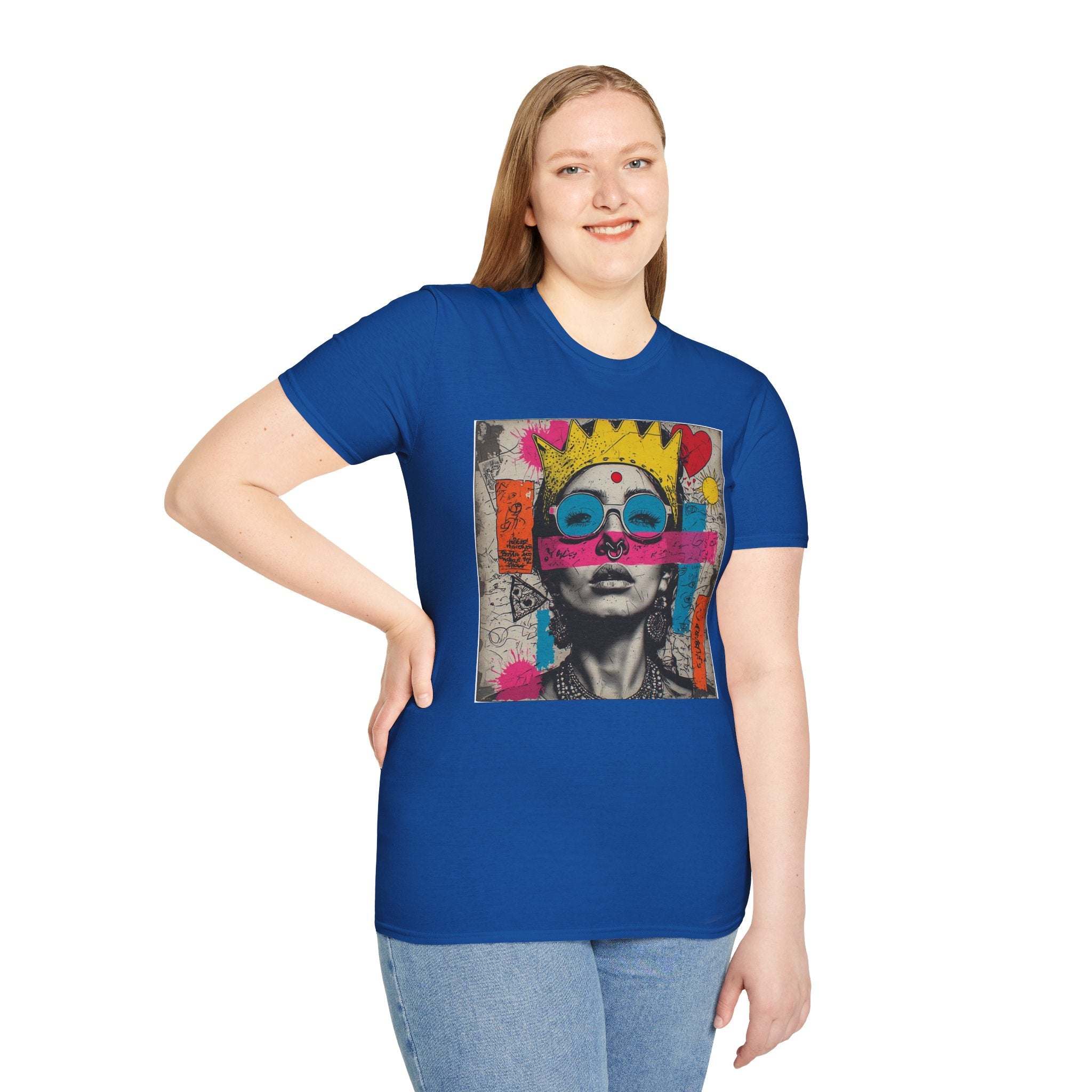 Abstract Pop Art Portrait T-Shirt — Neon Crown & Sunglasses Graphic