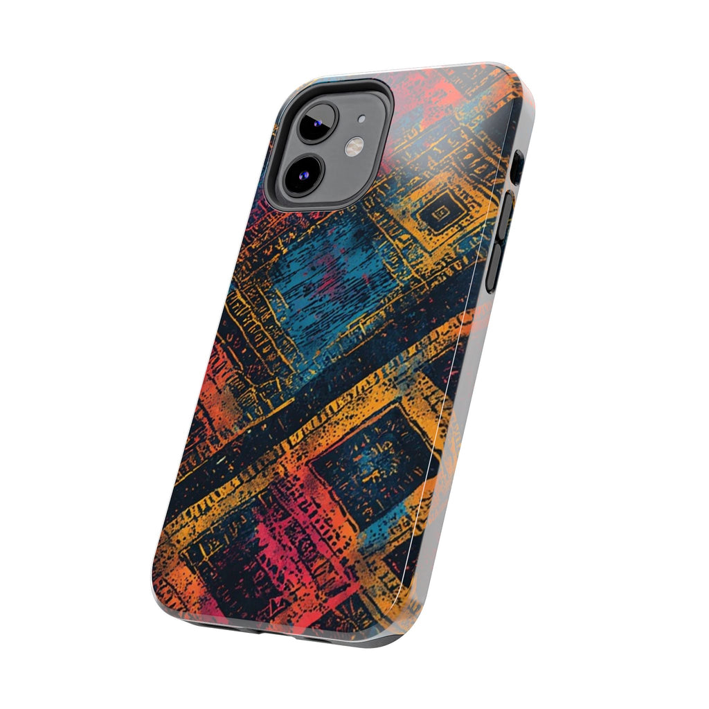 Tough Phone Case – Abstract Rustic Geometric Design (Blue, Orange, Magenta)