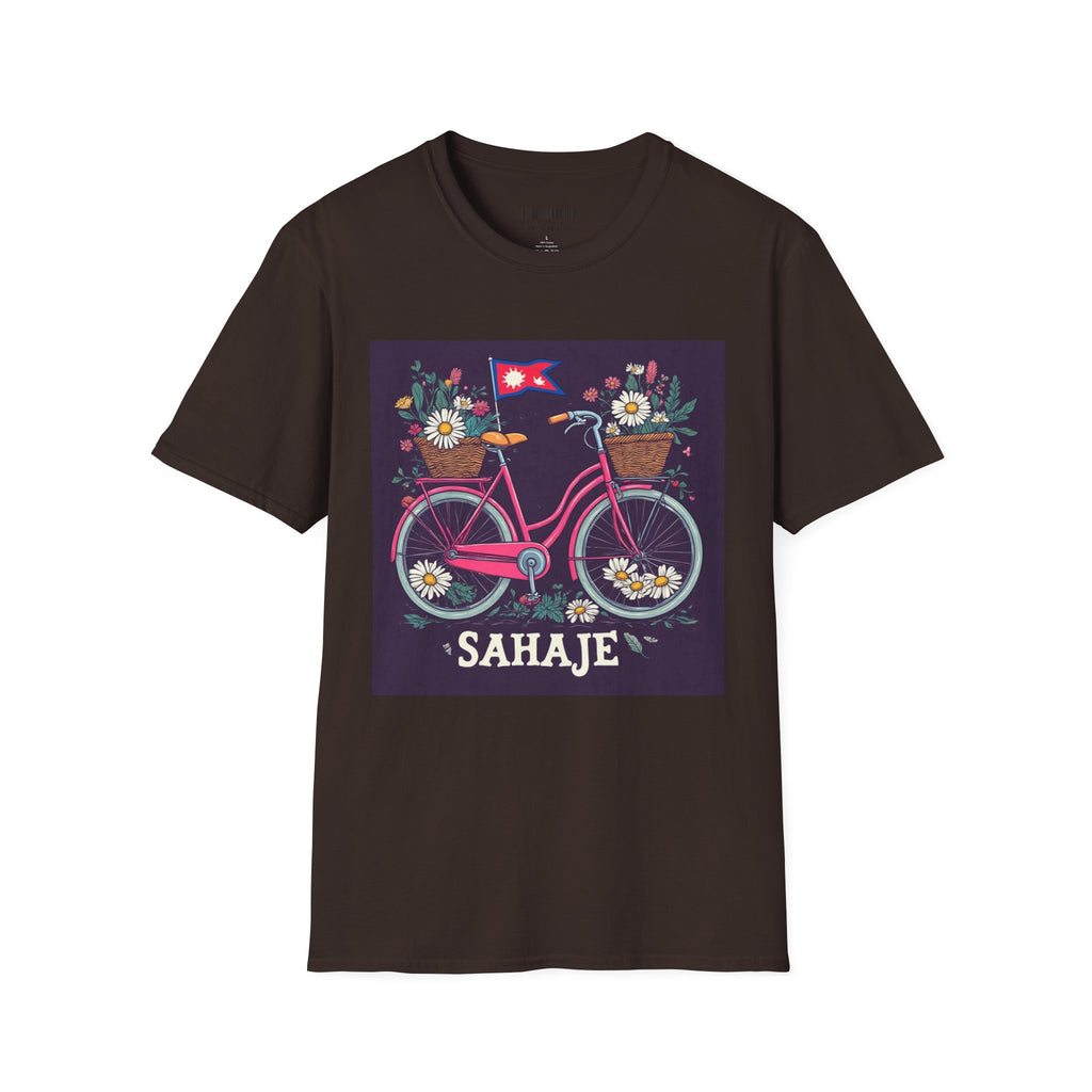 Bicycle Floral T-Shirt – Pink Bike with Baskets & "Sahaje" Text