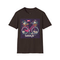 Bicycle Floral T-Shirt – Pink Bike with Baskets & "Sahaje" Text