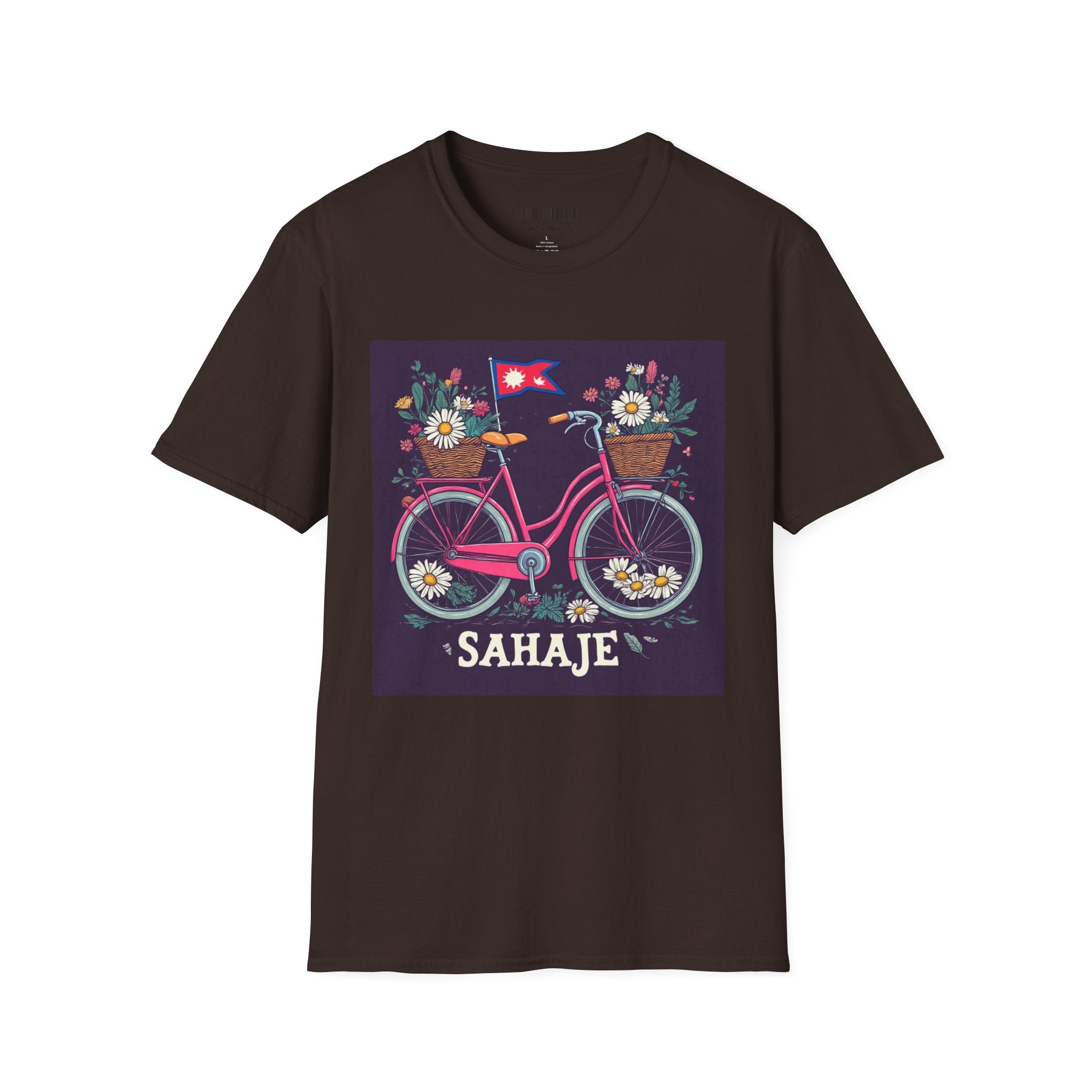 Bicycle Floral T-Shirt – Pink Bike with Baskets & "Sahaje" Text