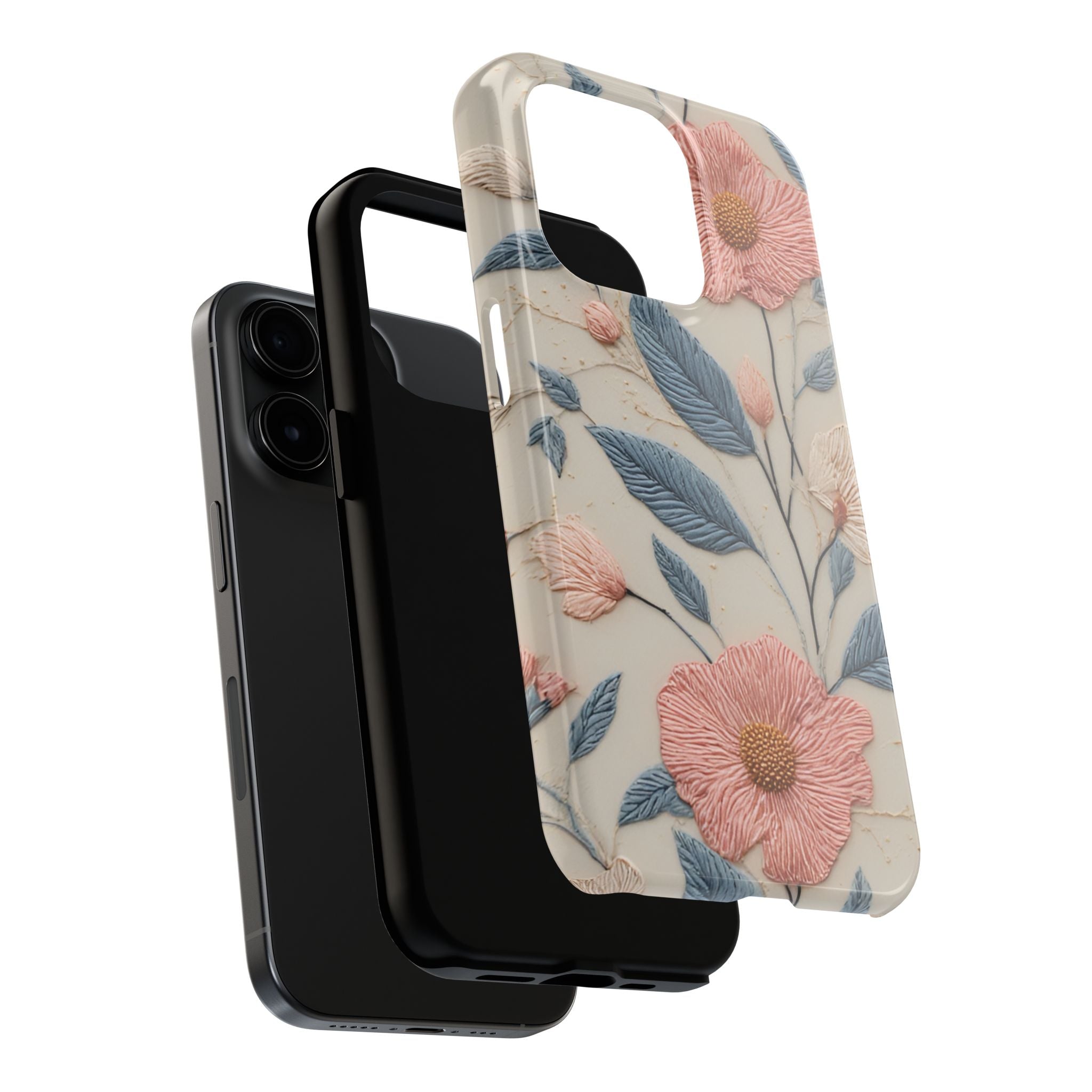 Floral Embroidered Tough Phone Case — Pink Blossom Protective Phone Cover