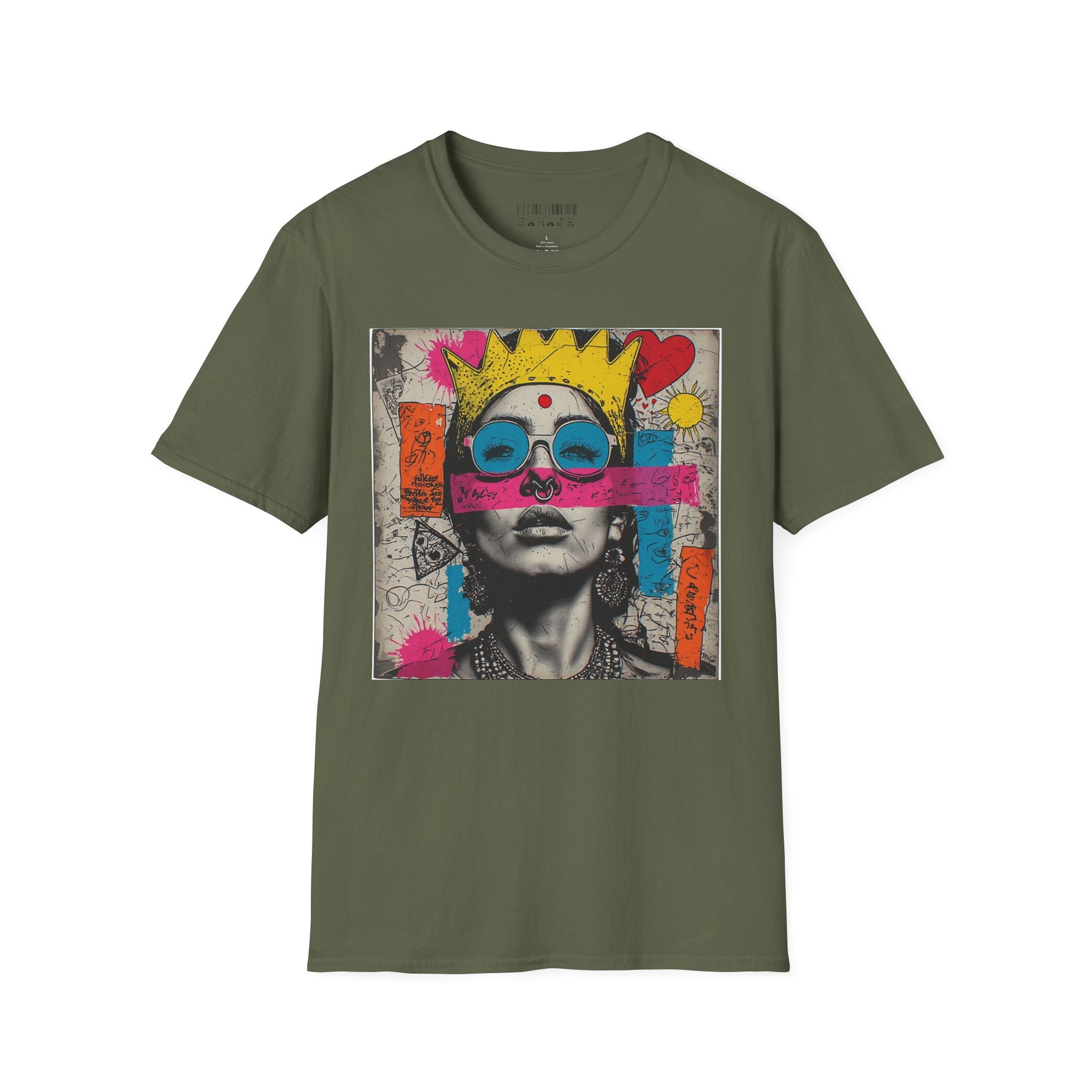 Abstract Pop Art Portrait T-Shirt — Neon Crown & Sunglasses Graphic