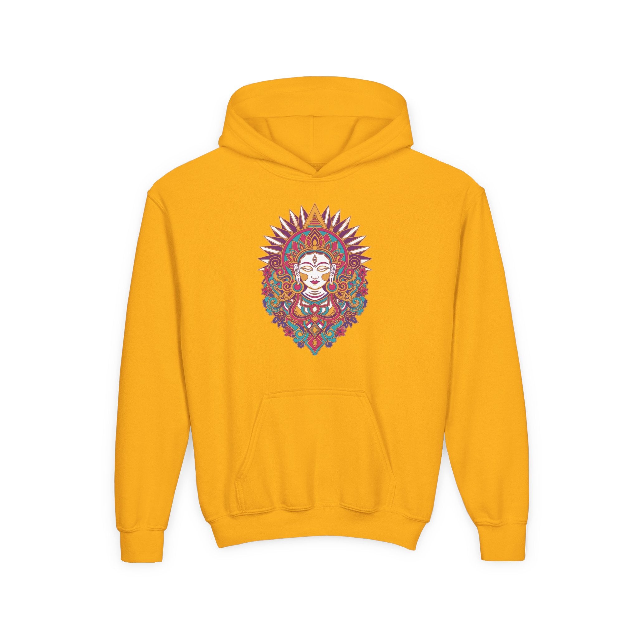 Youth Hoodie with Colorful Sugar Skull Goddess Design — Day of the Dead Kids Pullover