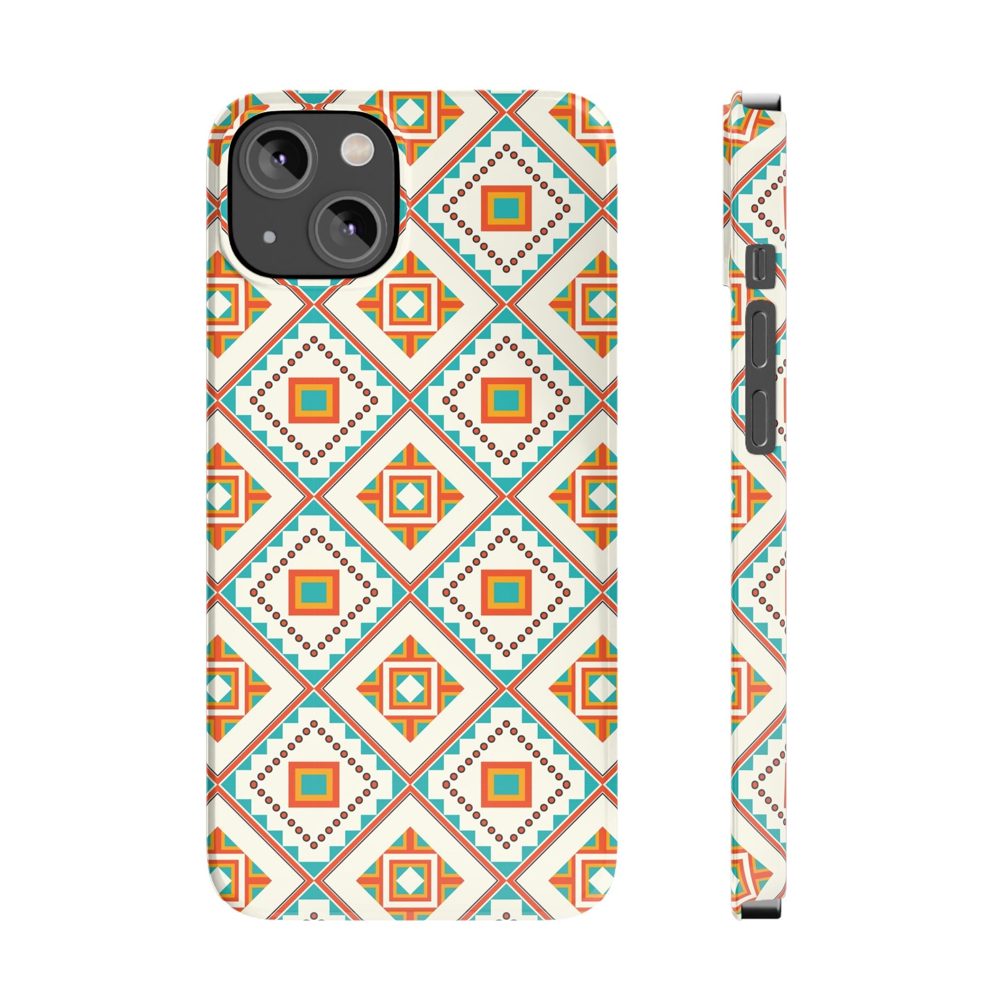Slim Phone Case — Retro Geometric Tile Pattern (Turquoise & Orange)