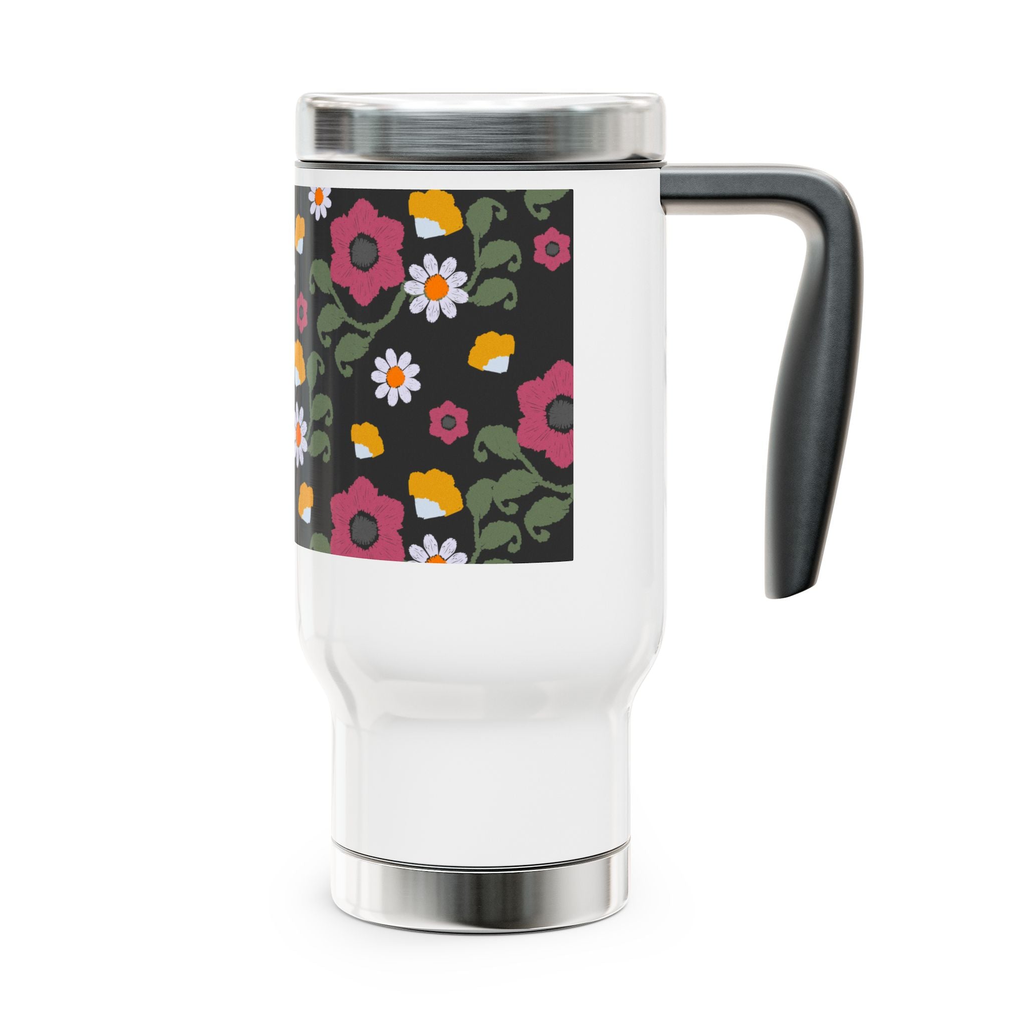 Chic Floral Travel Mug, Stainless Steel Insulated Coffee Cup with Handle, Perfect Gift for Nature Lovers, Camping, Road Trips, Floral Design