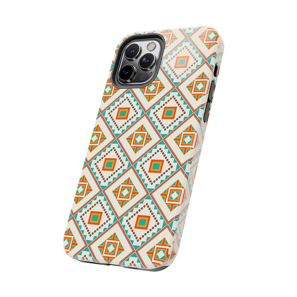Tough Phone Case — Geometric Retro Tile Pattern, Orange & Teal Protective Cover