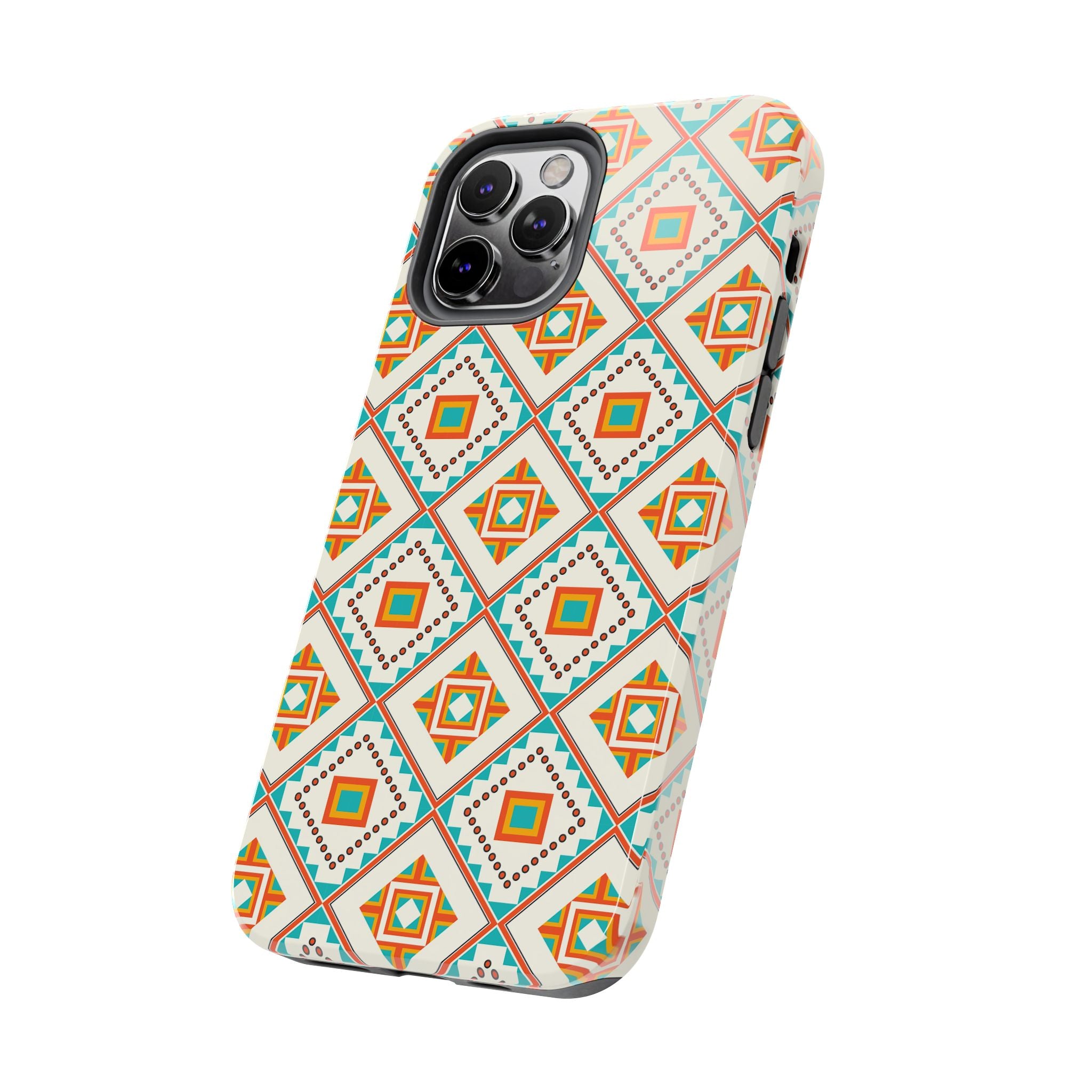 Tough Phone Case — Geometric Retro Tile Pattern, Orange & Teal Protective Cover