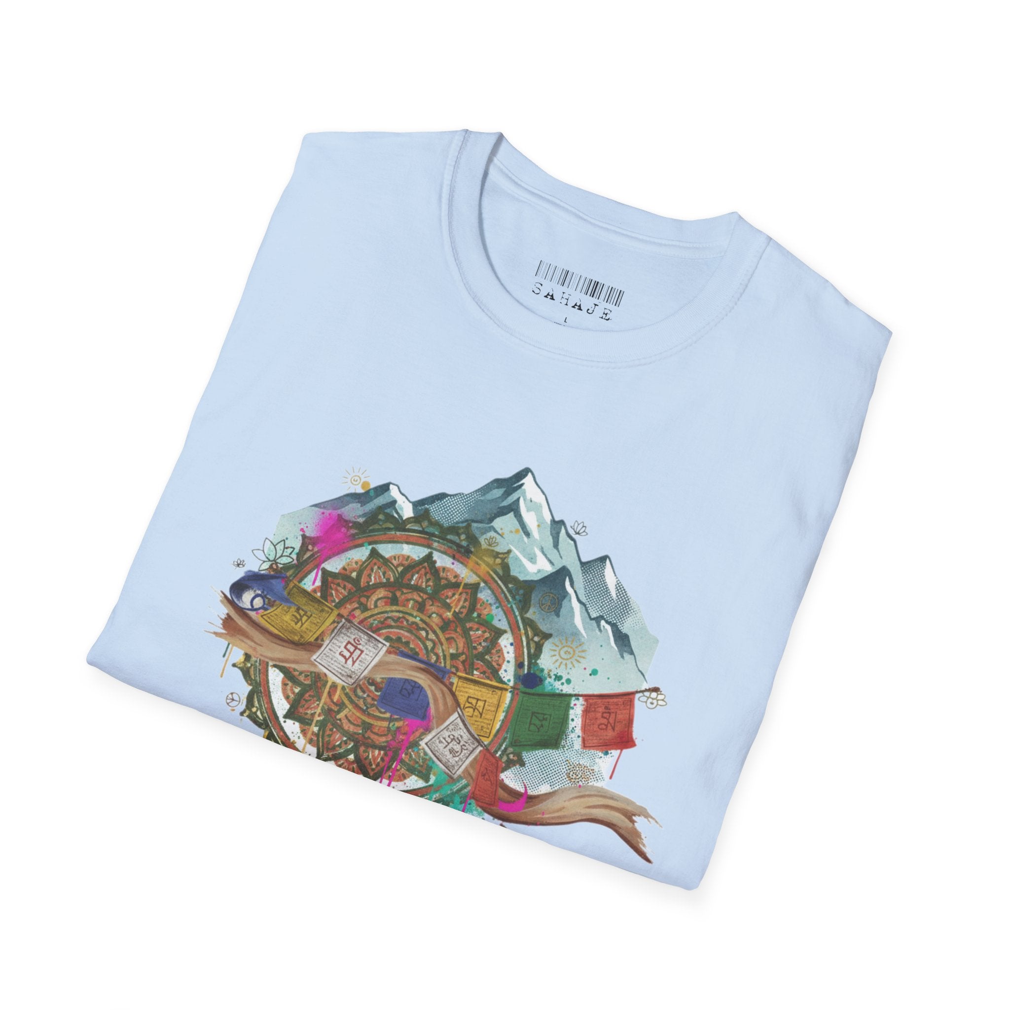 Adventure Compass T-Shirt — Mountain Compass with Prayer Flags & Colorful Globe