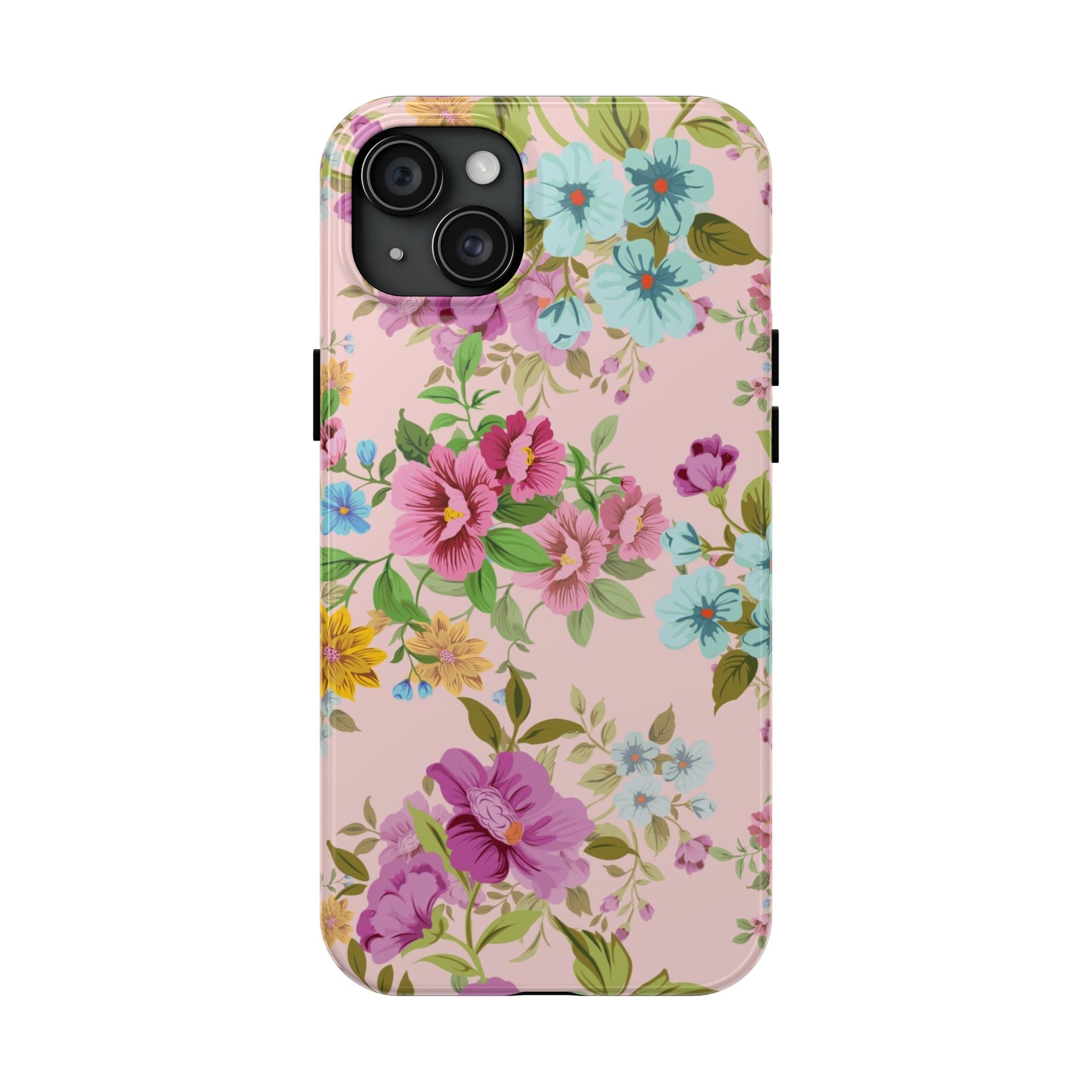 Floral Vintage Tough Phone Case — Pink Rose & Blue Blossom Protective Cover