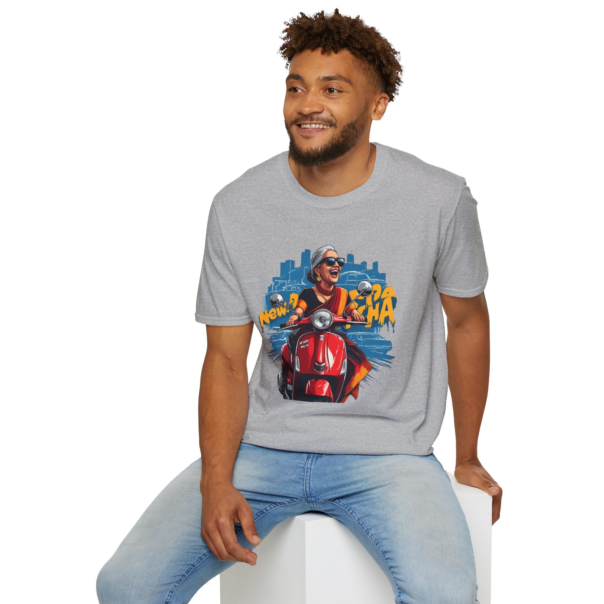 Newa Maicha Riding Scooter T-Shirt – Newari Woman in New York Graphic Tee, Cultural & Urban Design