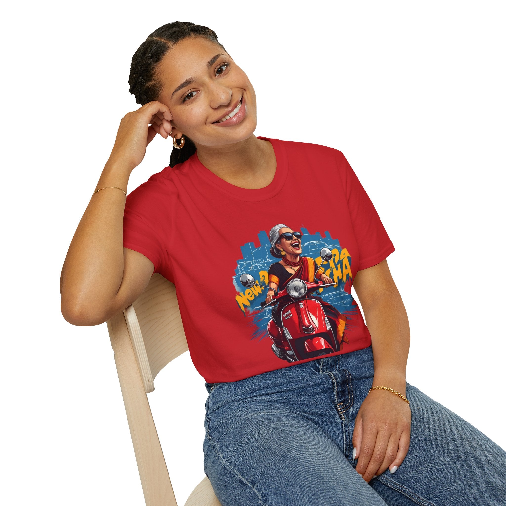 Newa Maicha Riding Scooter T-Shirt – Newari Woman in New York Graphic Tee, Cultural & Urban Design