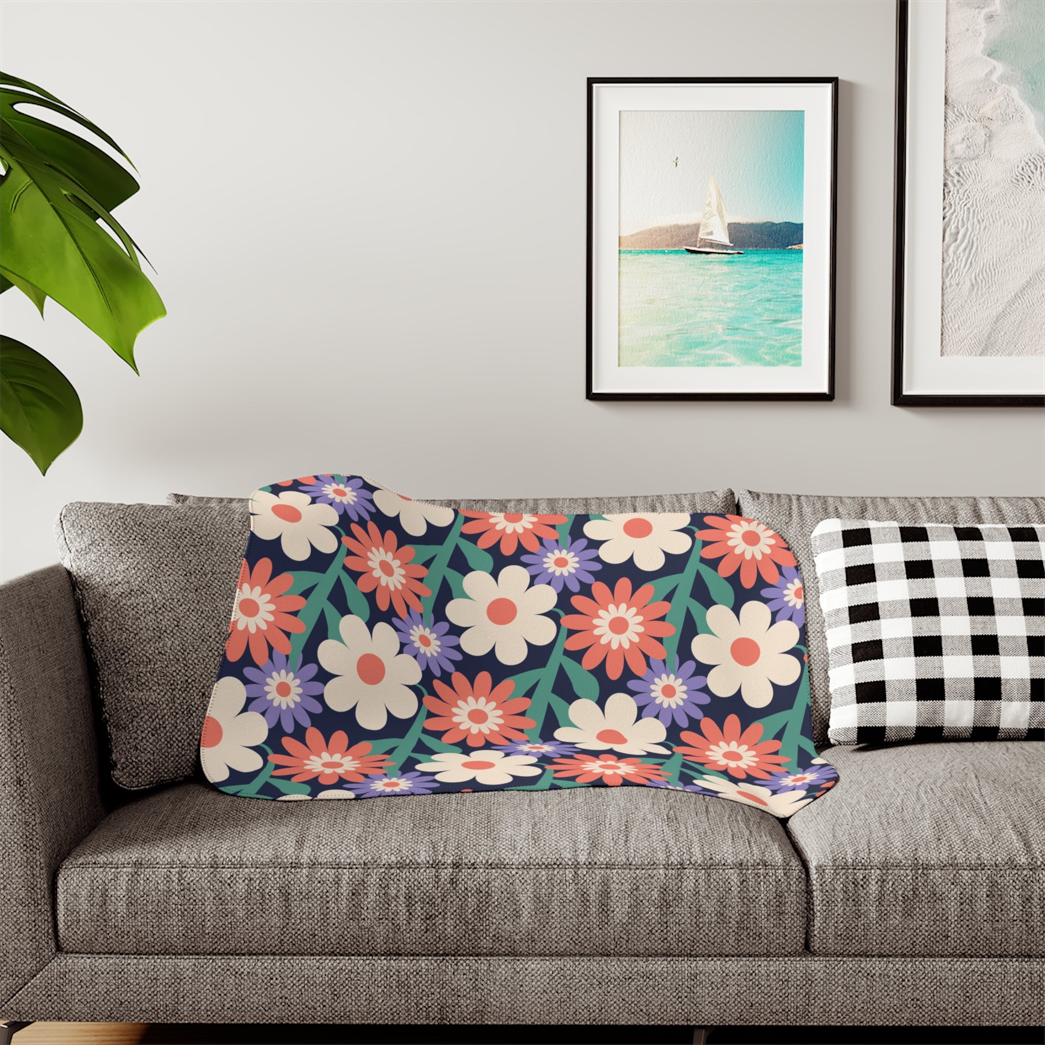 Floral Sherpa Blanket – Reversible Retro Flower Print with Cozy Beige Sherpa