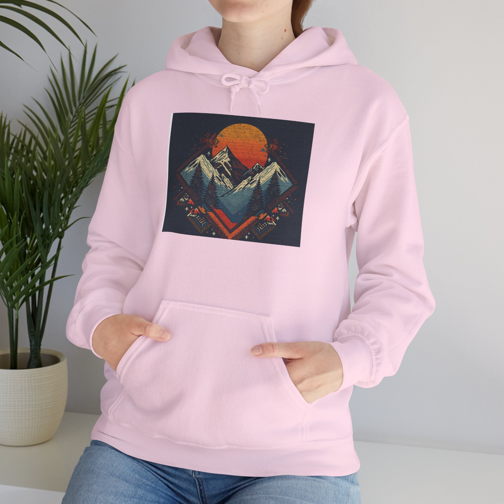 Mountain Sunset Hoodie – Retro Geometric Peaks & Rising Sun Sweatshirt