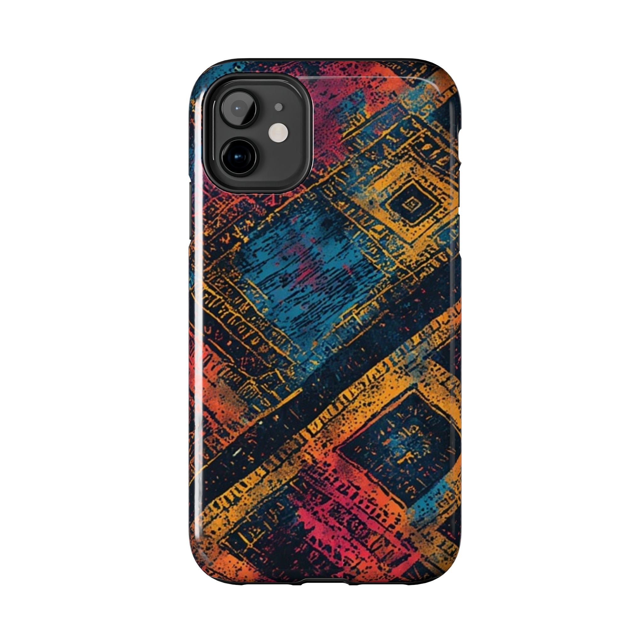 Tough Phone Case – Abstract Rustic Geometric Design (Blue, Orange, Magenta)