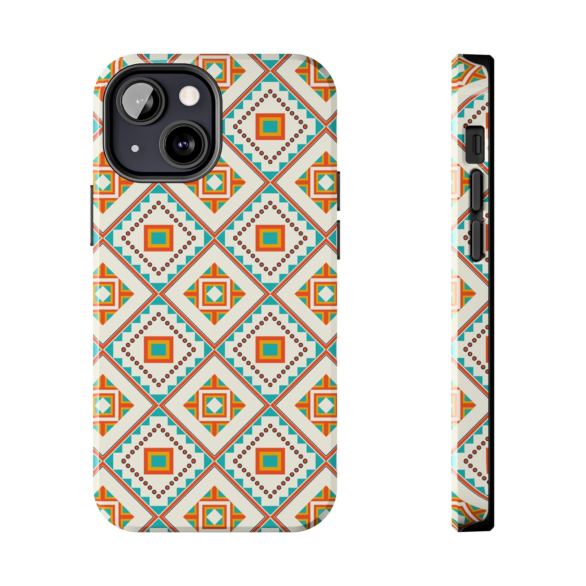 Tough Phone Case — Geometric Retro Tile Pattern, Orange & Teal Protective Cover