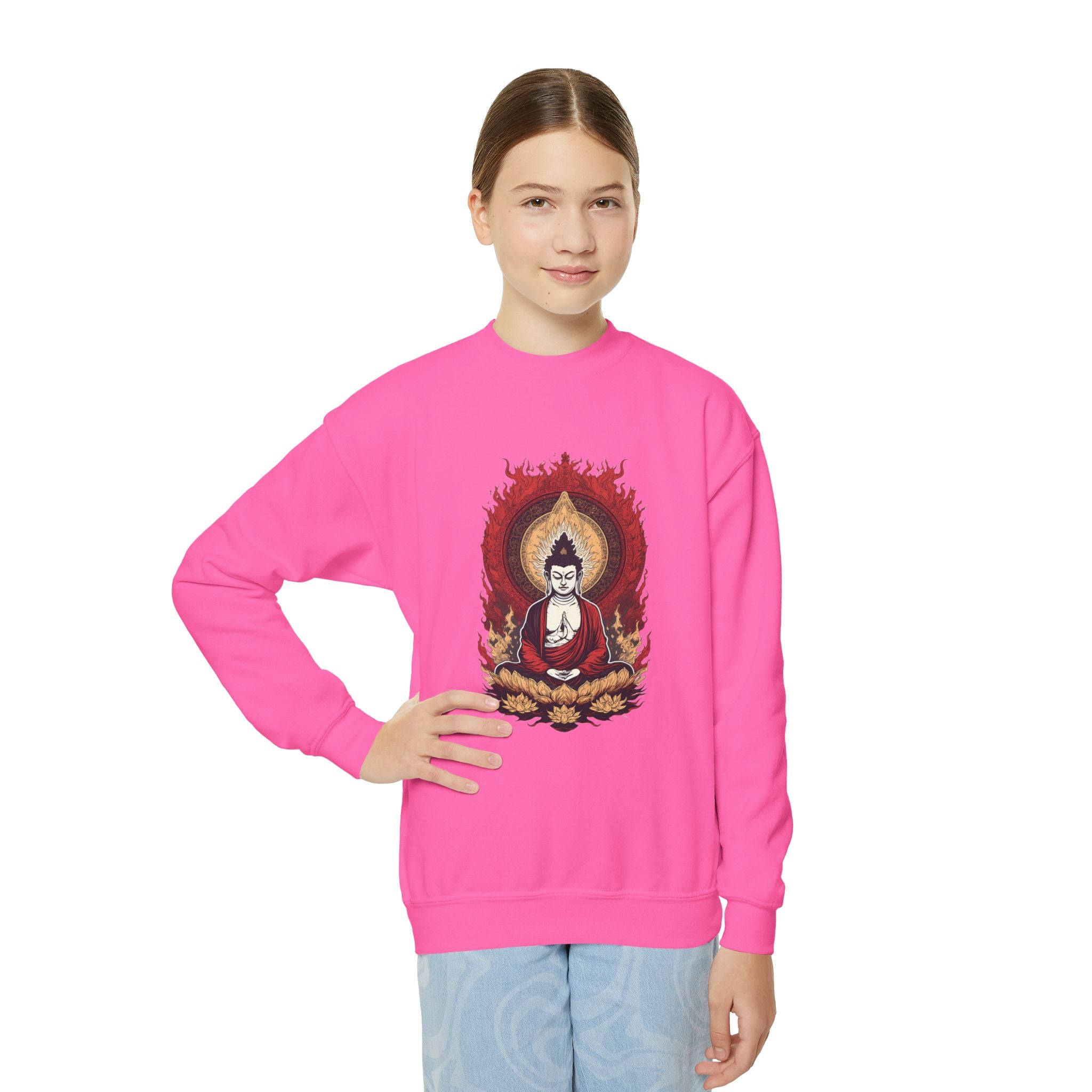 Buddha Flame Youth Crewneck Sweatshirt - Meditating Lotus Graphic