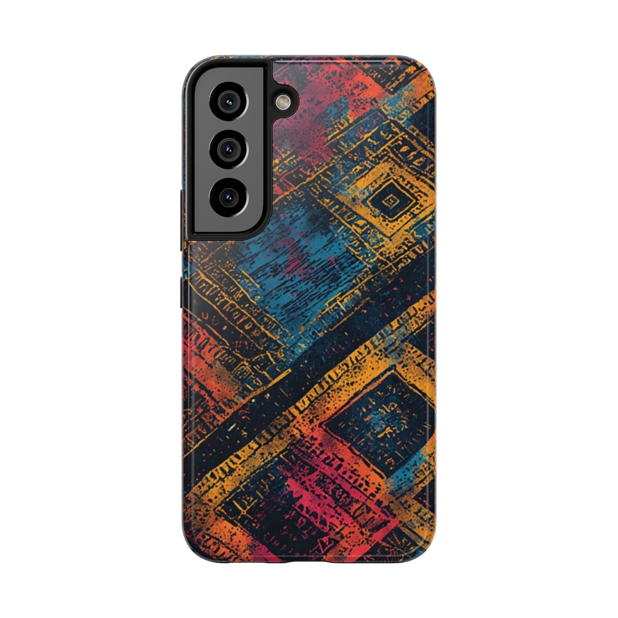 Tough Phone Case – Abstract Rustic Geometric Design (Blue, Orange, Magenta)