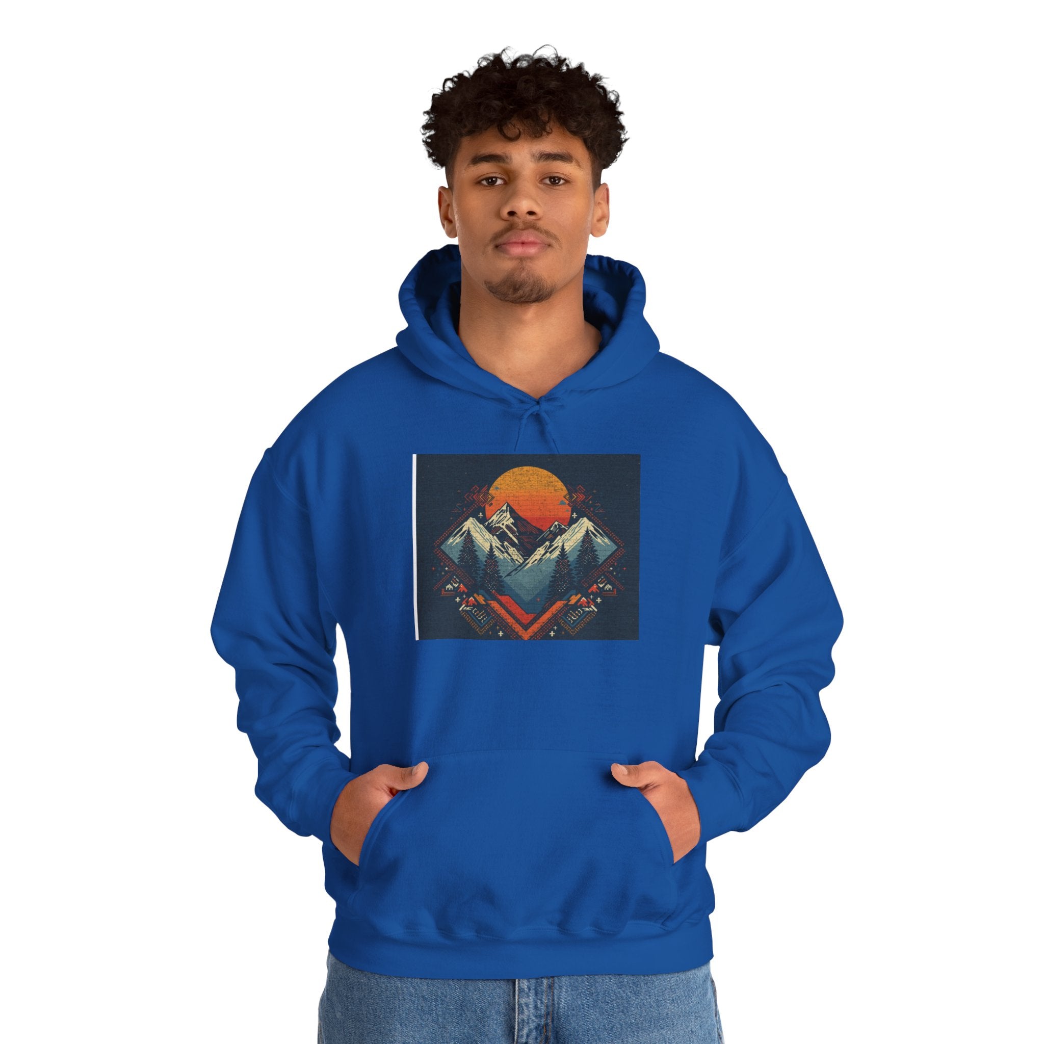 Mountain Sunset Hoodie – Retro Geometric Peaks & Rising Sun Sweatshirt