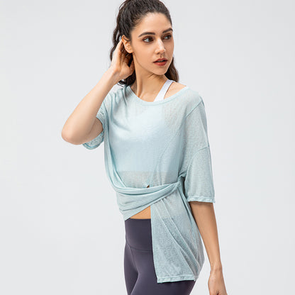 Spring Summer Women Split Sports Blouse Quick-Drying Running round Neck T-shirt Outdoor Fitness Yoga Short Sleeve