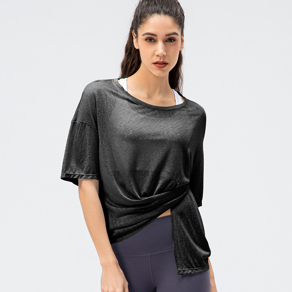 Spring Summer Women Split Sports Blouse Quick-Drying Running round Neck T-shirt Outdoor Fitness Yoga Short Sleeve