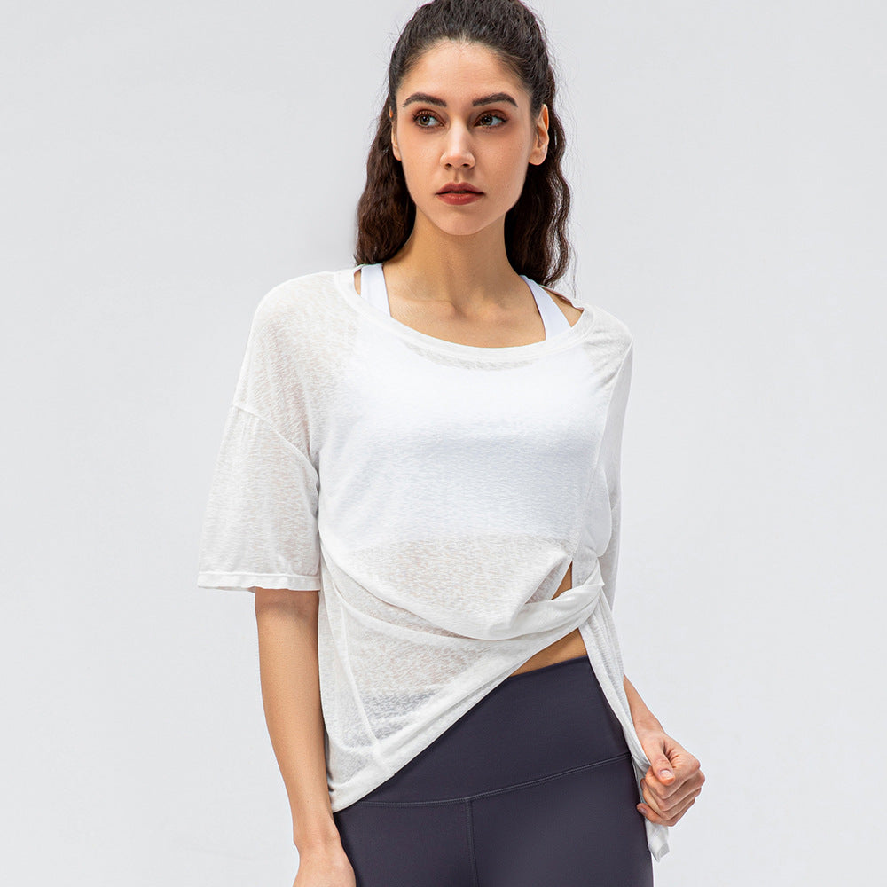 Spring Summer Women Split Sports Blouse Quick-Drying Running round Neck T-shirt Outdoor Fitness Yoga Short Sleeve