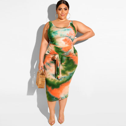 Summer New Tie-Dye Printing Skinny Sheath Fashion Casual Women Two-Piece Suit