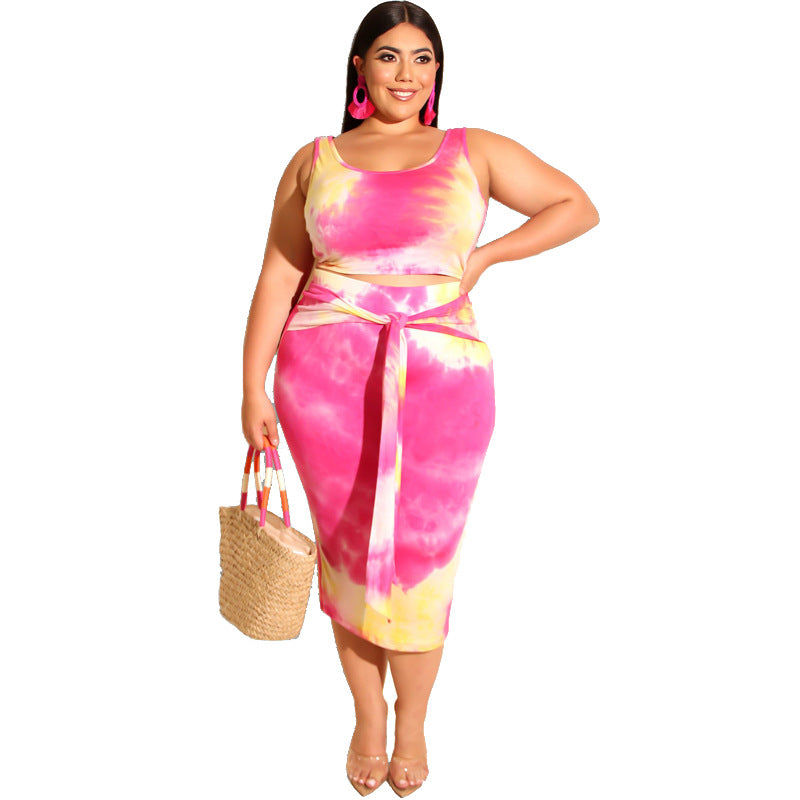 Summer New Tie-Dye Printing Skinny Sheath Fashion Casual Women Two-Piece Suit