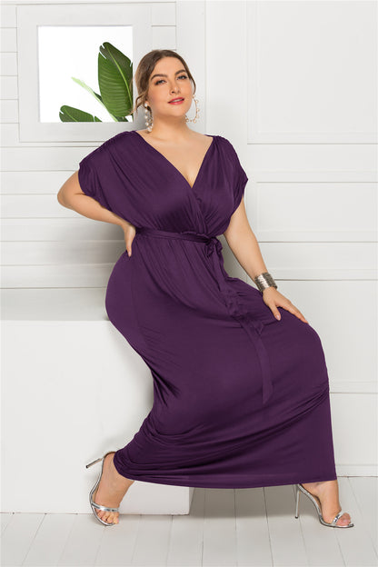 Plus Size Women Clothing Sexy Solid Color V-neck Loose Big Hem Dress