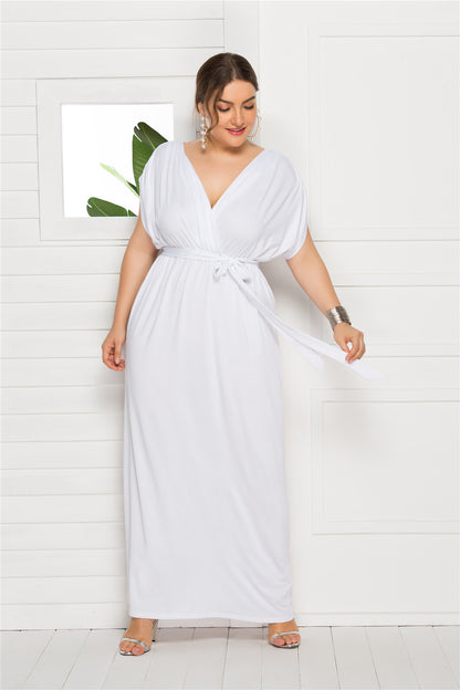 Plus Size Women Clothing Sexy Solid Color V-neck Loose Big Hem Dress