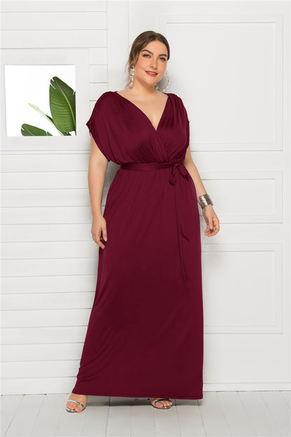 Plus Size Women Clothing Sexy Solid Color V-neck Loose Big Hem Dress