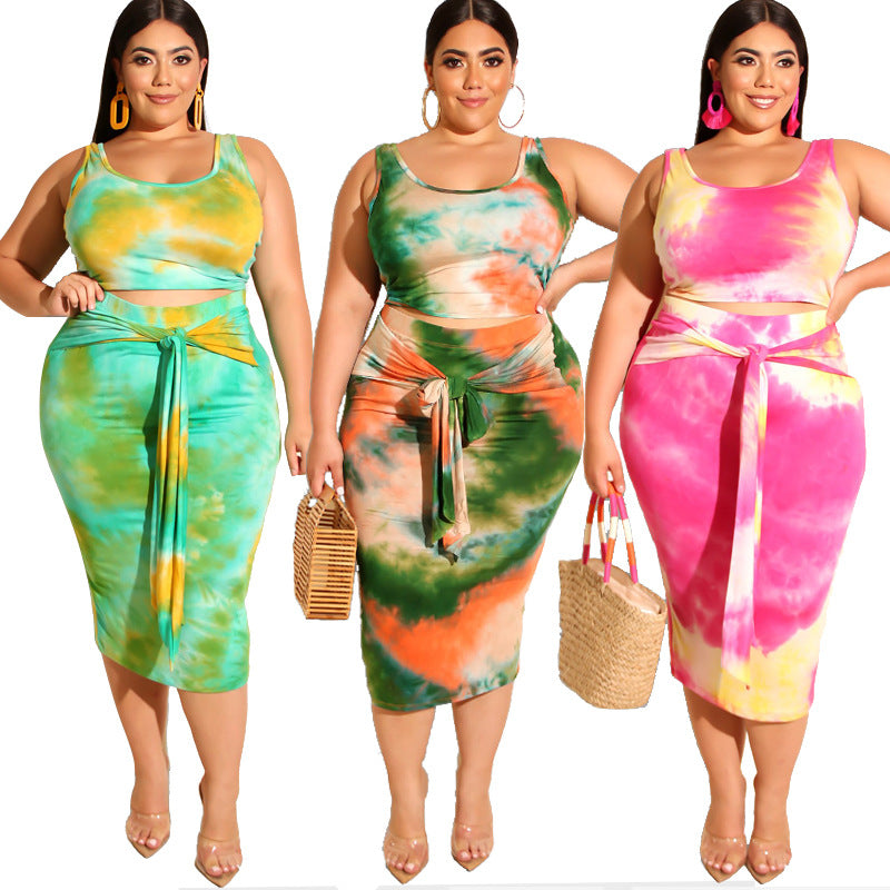 Summer New Tie-Dye Printing Skinny Sheath Fashion Casual Women Two-Piece Suit