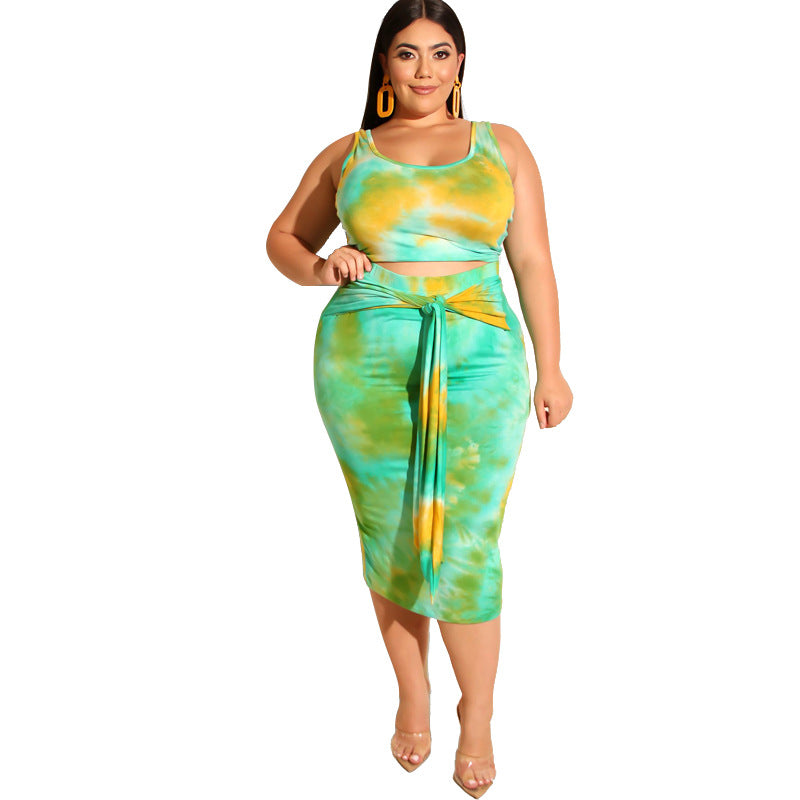 Summer New Tie-Dye Printing Skinny Sheath Fashion Casual Women Two-Piece Suit