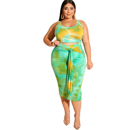 Summer New Tie-Dye Printing Skinny Sheath Fashion Casual Women Two-Piece Suit