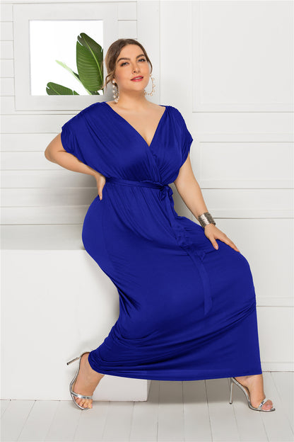 Plus Size Women Clothing Sexy Solid Color V-neck Loose Big Hem Dress