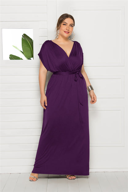Plus Size Women Clothing Sexy Solid Color V-neck Loose Big Hem Dress