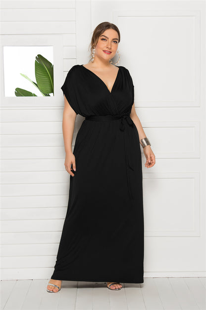 Plus Size Women Clothing Sexy Solid Color V-neck Loose Big Hem Dress